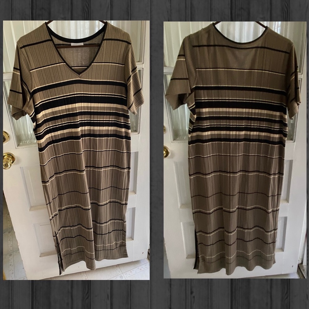 Vintage Avenue T-Shirt Dress 1X Striped Black, Tan